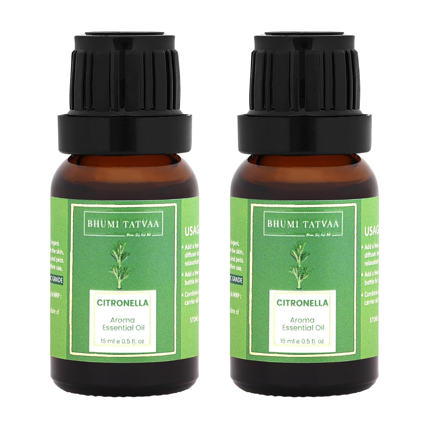 Bhumi Tatvaa Citronella Essential Oil | Pure Aromatic Oil for Relaxing Fragrance | Ideal for Diffusers, Massage, and Everyday Use | Natural Citronella Scent - Pack of 2 - 15ml Each